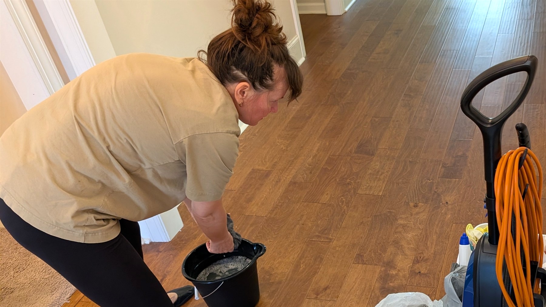 Owner-operated cleaning work with clean floor detail
